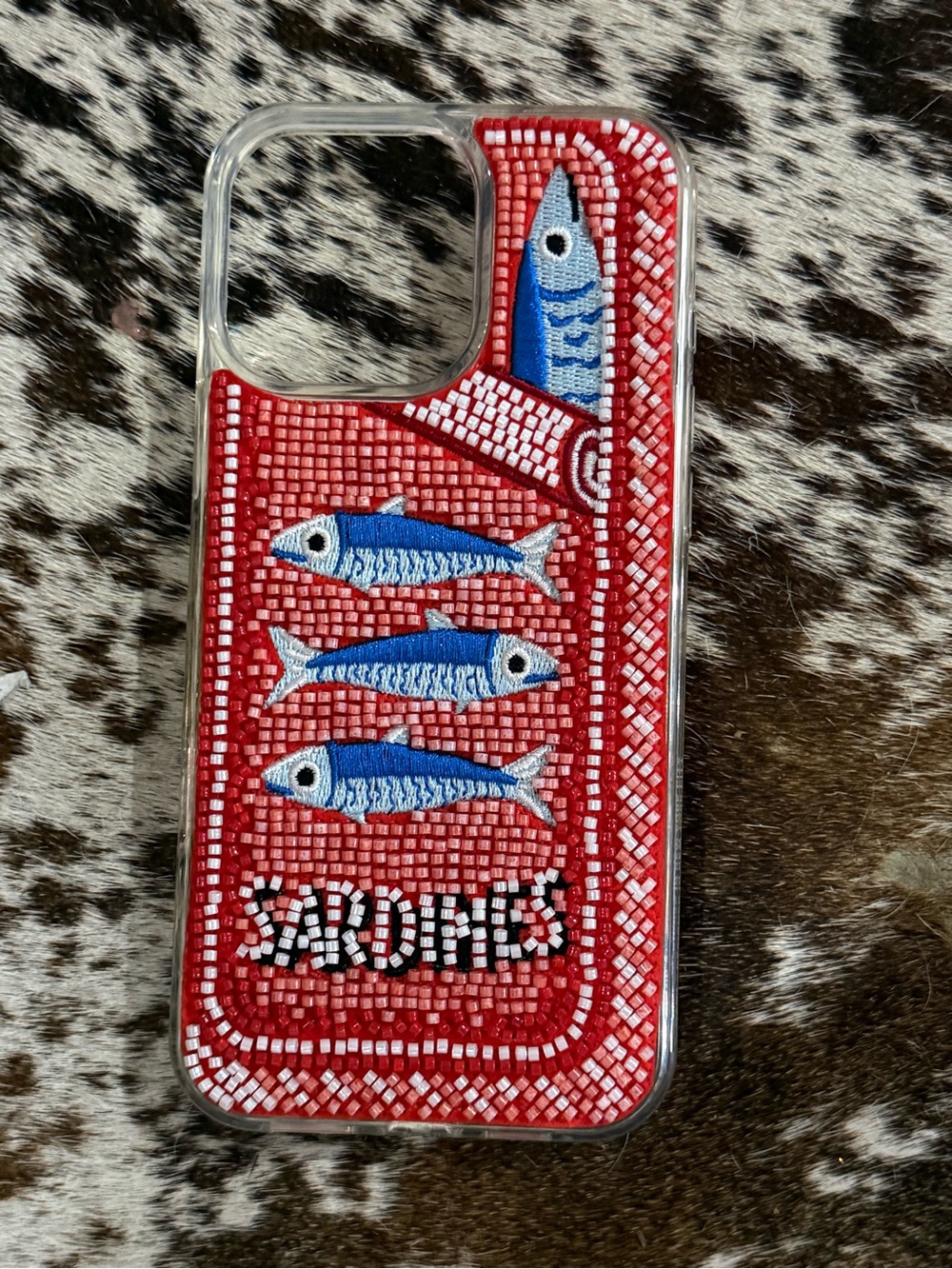 Red Sardines Embroidered Phone Case - Blue Fish Design